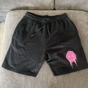 Black Shorts with Pink Smiley Graphic